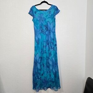 Vintage Whimsical Blue Floral Maxi Dress‎ Y2K Tie Back Sheer Overlay Fairycore